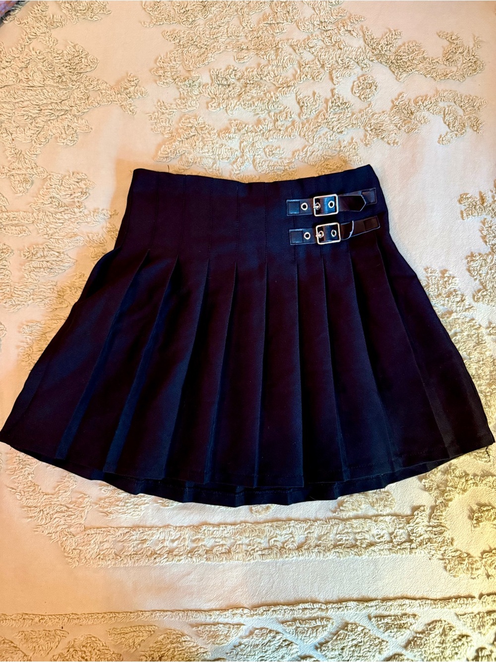 No Boundaries Black Pleated Skater Mini Skirt with Double Buckles